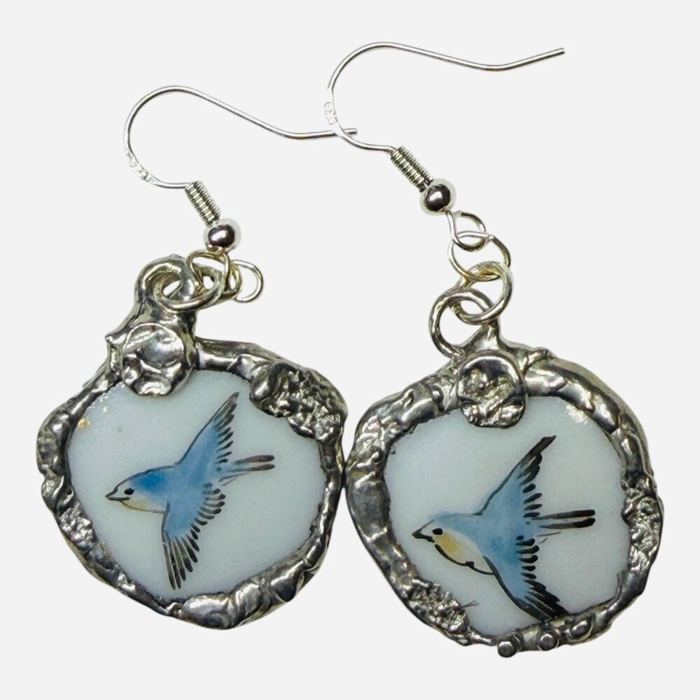 Bluebird Porcelain Earrings Handmade With Recycled China & 925 Silver